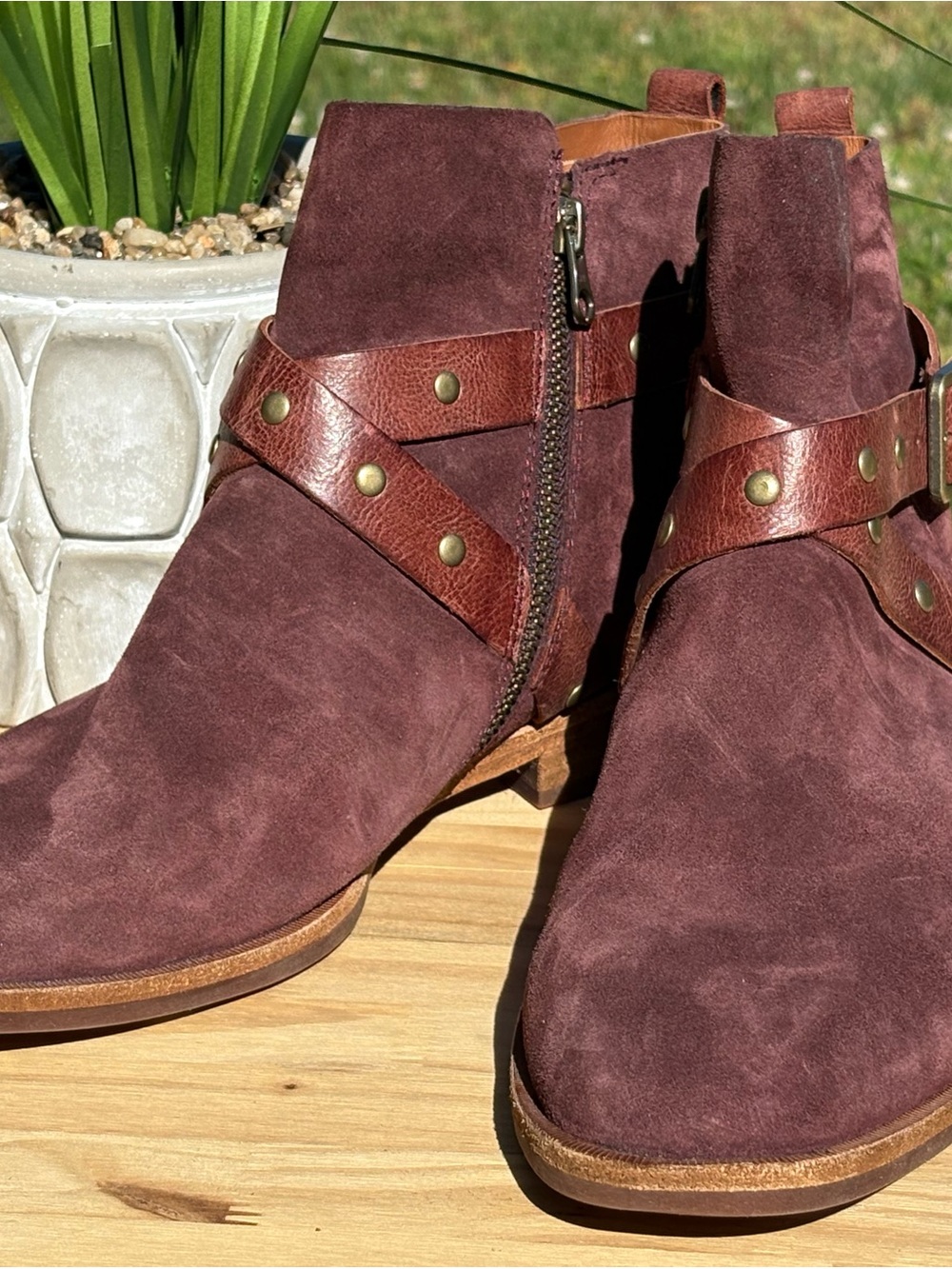 Kork-Ease Women's Burgundy Suede Ankle Booties with Brown Leather Harness